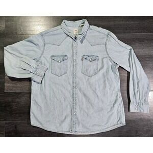 Levis Denim Pearl Snap Western Shirt Mens 2XL Distressed Cowboy Standard Yoked